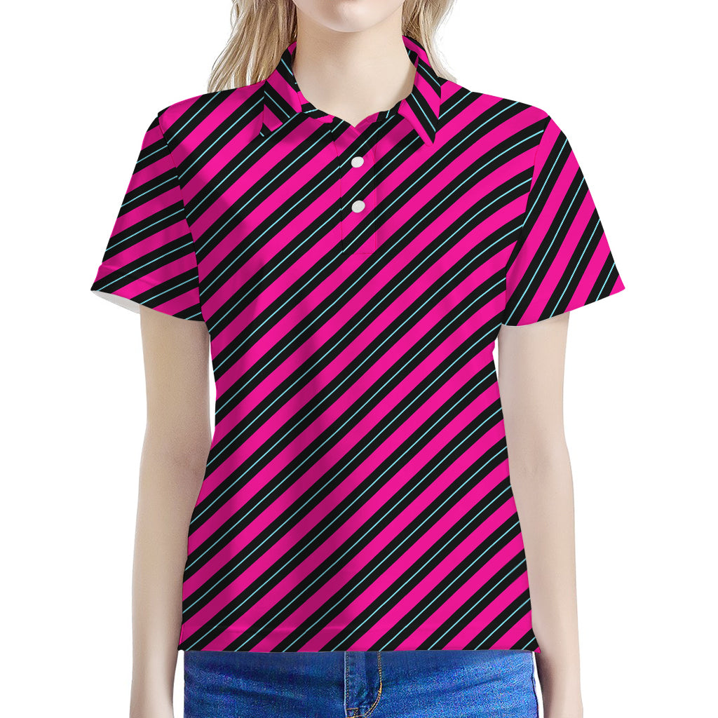 Hot Pink Black And Blue Stripes Print Women's Polo Shirt