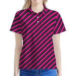 Hot Pink Black And Blue Stripes Print Women's Polo Shirt