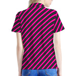 Hot Pink Black And Blue Stripes Print Women's Polo Shirt
