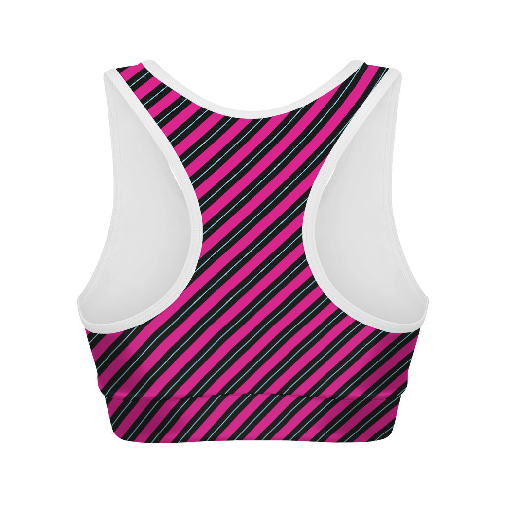 Hot Pink Black And Blue Stripes Print Women's Sports Bra