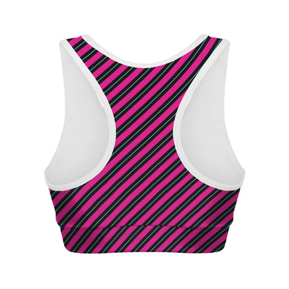 Hot Pink Black And Blue Stripes Print Women's Sports Bra