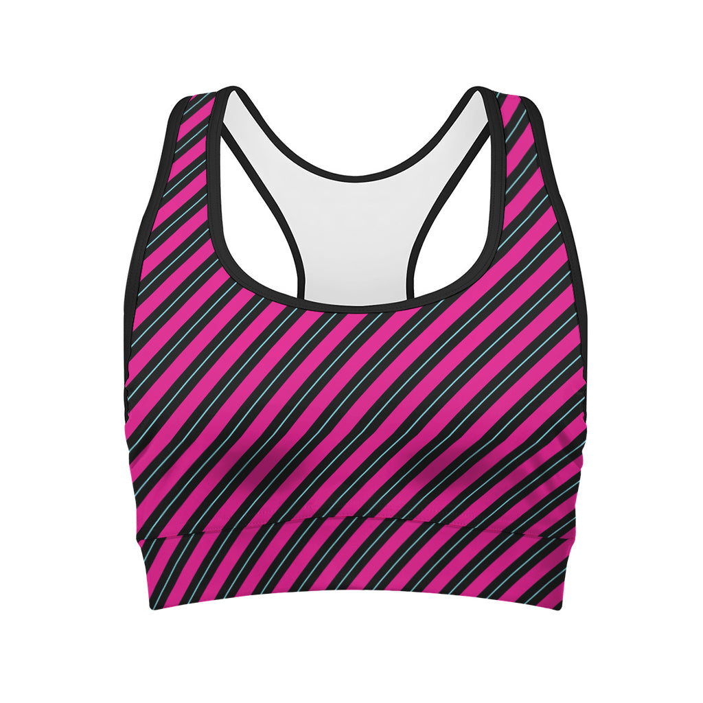 Hot Pink Black And Blue Stripes Print Women's Sports Bra
