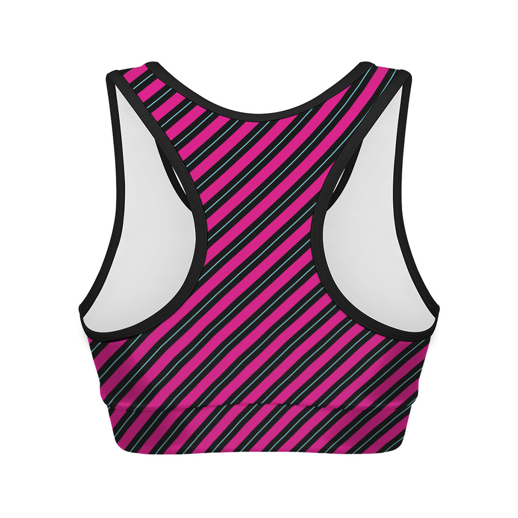 Hot Pink Black And Blue Stripes Print Women's Sports Bra