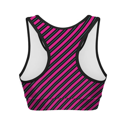 Hot Pink Black And Blue Stripes Print Women's Sports Bra