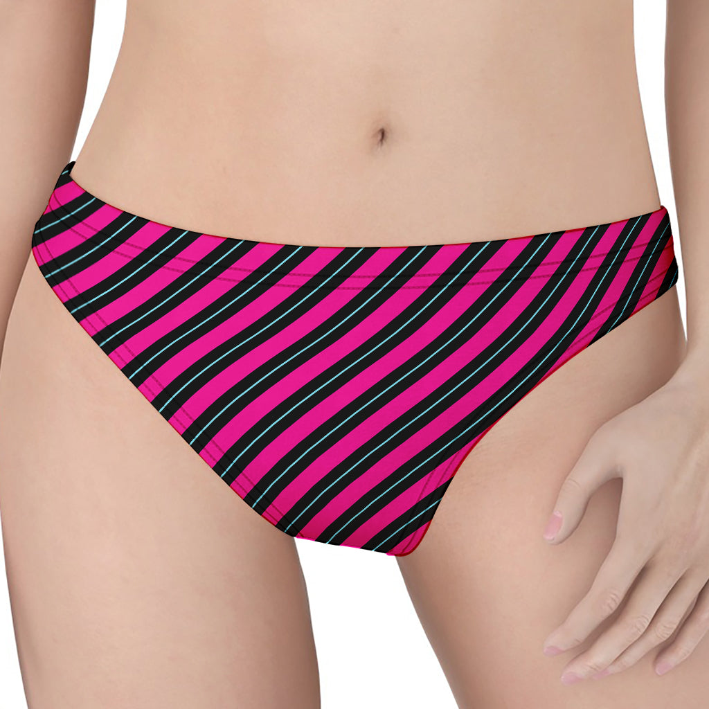 Hot Pink Black And Blue Stripes Print Women's Thong