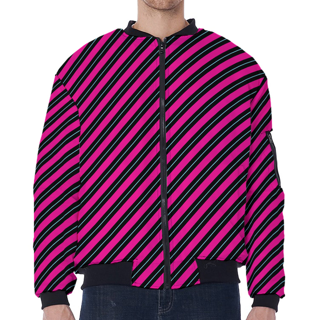 Hot Pink Black And Blue Stripes Print Zip Sleeve Bomber Jacket