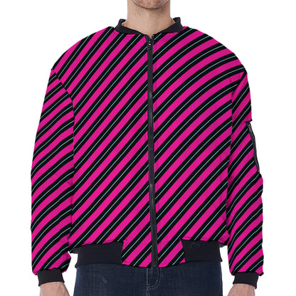 Hot Pink Black And Blue Stripes Print Zip Sleeve Bomber Jacket