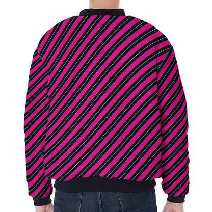 Hot Pink Black And Blue Stripes Print Zip Sleeve Bomber Jacket