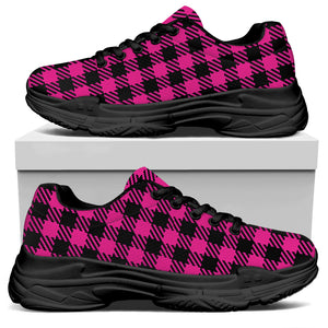 Hot Pink Buffalo Plaid Print Black Chunky Shoes