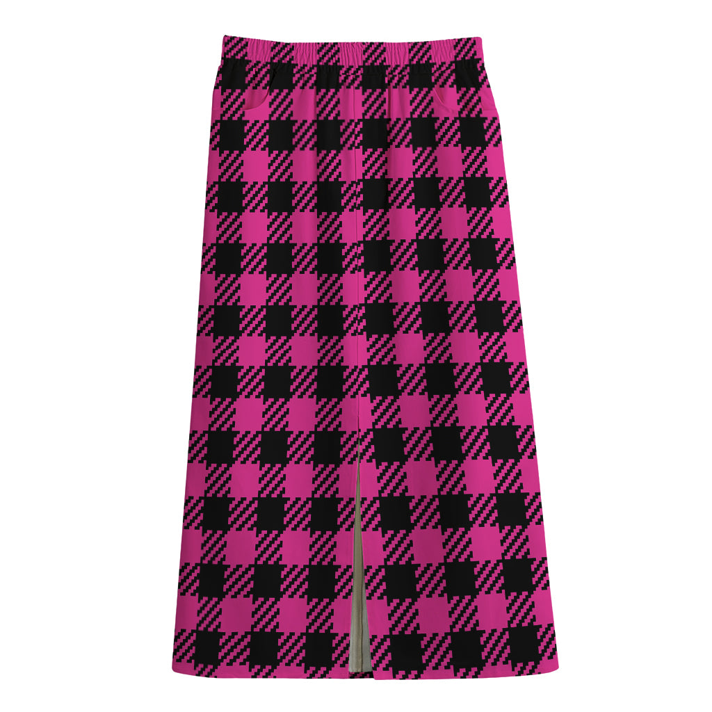 Hot Pink Buffalo Plaid Print Cotton Front Slit Maxi Skirt