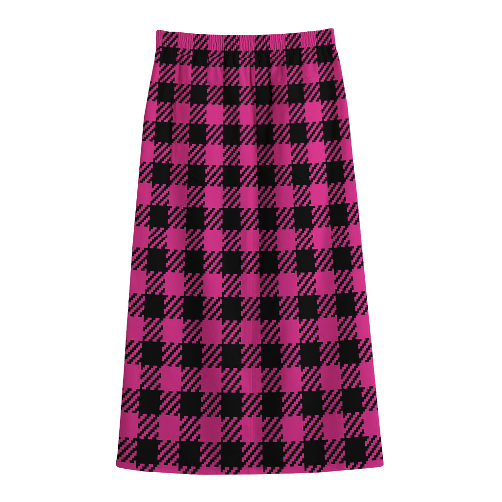 Hot Pink Buffalo Plaid Print Cotton Front Slit Maxi Skirt