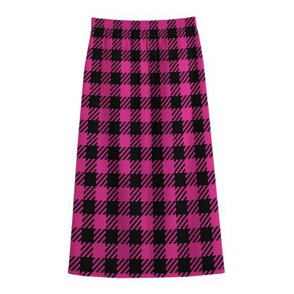 Hot Pink Buffalo Plaid Print Cotton Front Slit Maxi Skirt