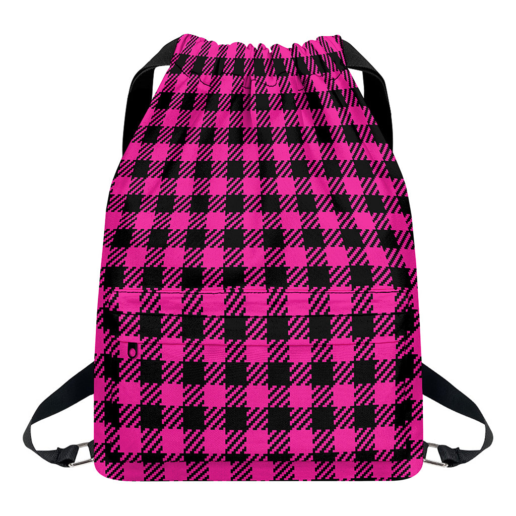Hot Pink Buffalo Plaid Print Drawstring Backpack