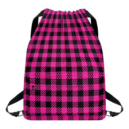 Hot Pink Buffalo Plaid Print Drawstring Backpack