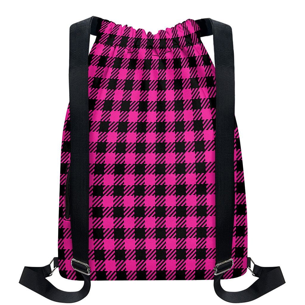 Hot Pink Buffalo Plaid Print Drawstring Backpack