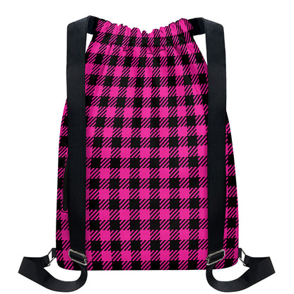 Hot Pink Buffalo Plaid Print Drawstring Backpack