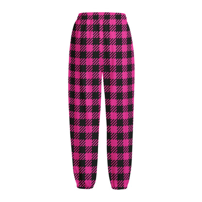 Hot Pink Buffalo Plaid Print Fleece Lined Knit Pants