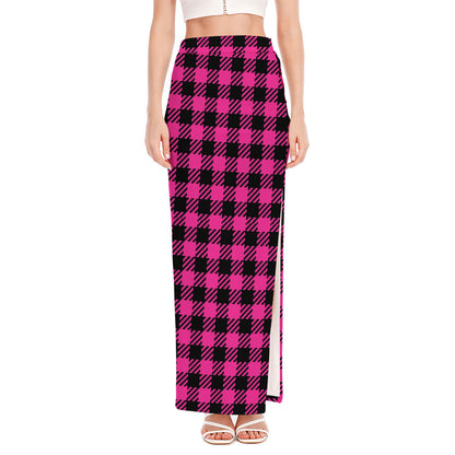 Hot Pink Buffalo Plaid Print High Slit Maxi Skirt