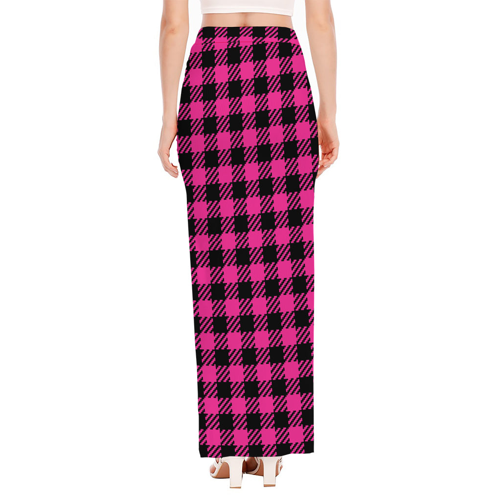 Hot Pink Buffalo Plaid Print High Slit Maxi Skirt