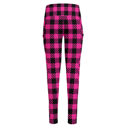 Hot Pink Buffalo Plaid Print High-Waisted Pocket Leggings