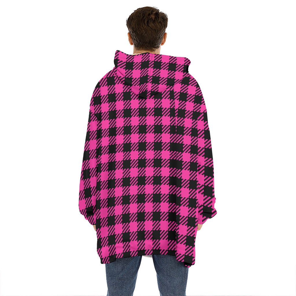 Hot Pink Buffalo Plaid Print Hoodie Blanket