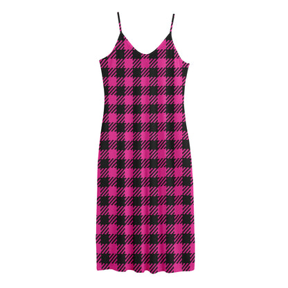 Hot Pink Buffalo Plaid Print Jersey Midi Cami Dress