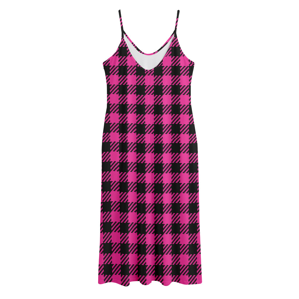 Hot Pink Buffalo Plaid Print Jersey Midi Cami Dress