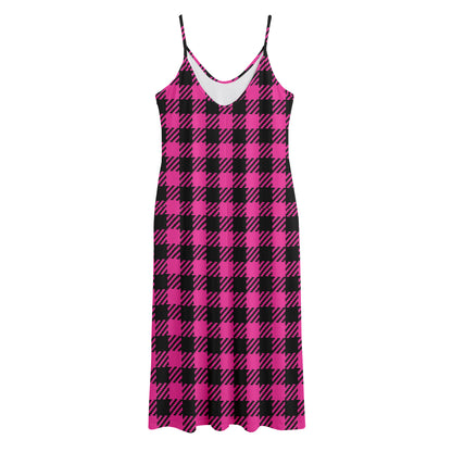 Hot Pink Buffalo Plaid Print Jersey Midi Cami Dress