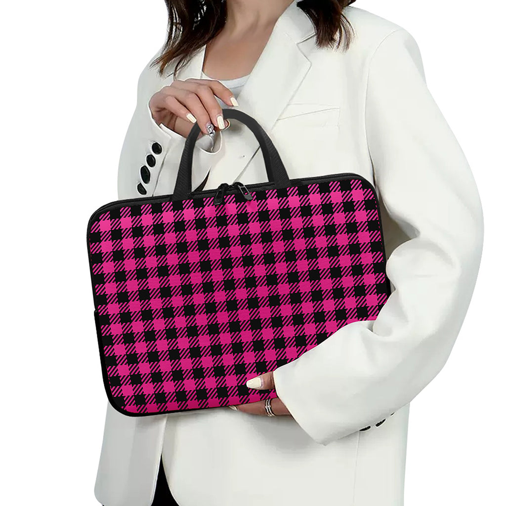 Hot Pink Buffalo Plaid Print Laptop Sleeve With Handle