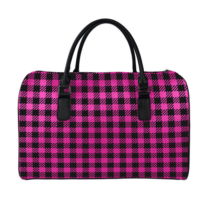 Hot Pink Buffalo Plaid Print Leather Duffle Bag
