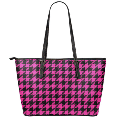 Hot Pink Buffalo Plaid Print Leather Tote Bag
