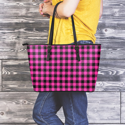 Hot Pink Buffalo Plaid Print Leather Tote Bag
