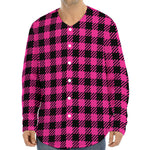 Hot Pink Buffalo Plaid Print Long Sleeve Baseball Jersey