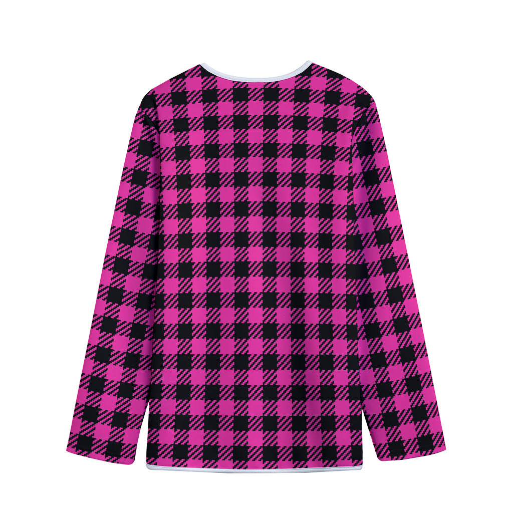 Hot Pink Buffalo Plaid Print Long Sleeve Short Coat