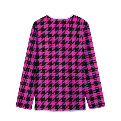 Hot Pink Buffalo Plaid Print Long Sleeve Short Coat