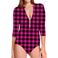 Hot Pink Buffalo Plaid Print Long Sleeve Swimsuit