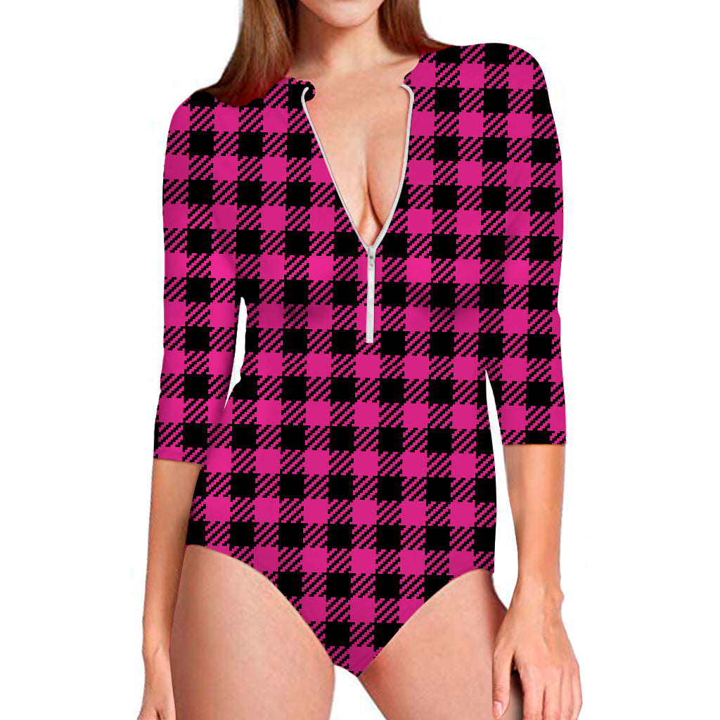 Hot Pink Buffalo Plaid Print Long Sleeve Swimsuit