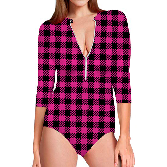 Hot Pink Buffalo Plaid Print Long Sleeve Swimsuit