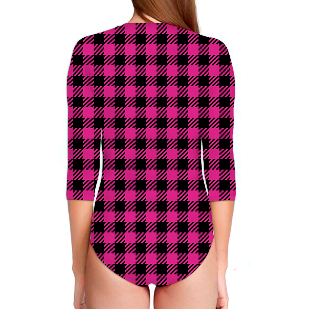 Hot Pink Buffalo Plaid Print Long Sleeve Swimsuit