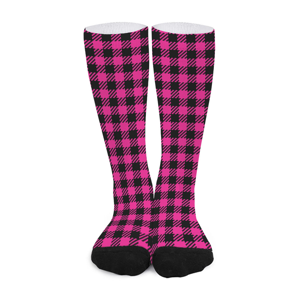 Hot Pink Buffalo Plaid Print Long Socks