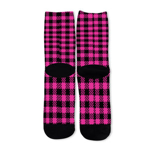 Hot Pink Buffalo Plaid Print Long Socks
