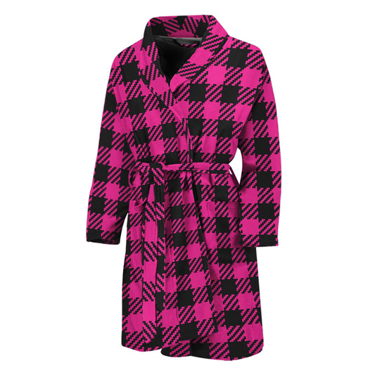 Hot Pink Buffalo Plaid Print Men's Bathrobe