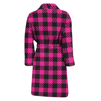 Hot Pink Buffalo Plaid Print Men's Bathrobe