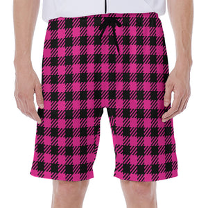 Hot Pink Buffalo Plaid Print Men's Beach Shorts