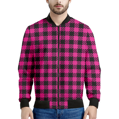 Hot Pink Buffalo Plaid Print Men's Bomber Jacket