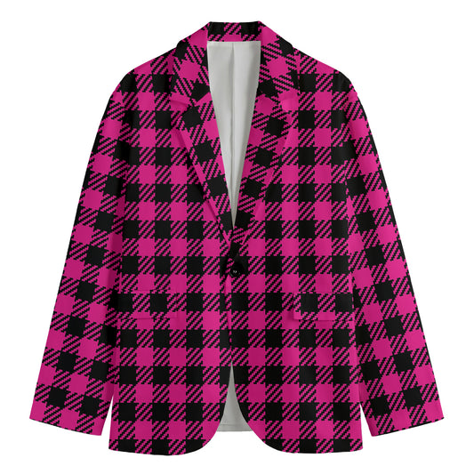 Hot Pink Buffalo Plaid Print Men's Cotton Blazer