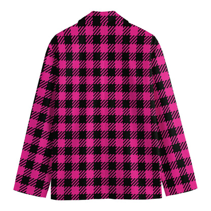 Hot Pink Buffalo Plaid Print Men's Cotton Blazer