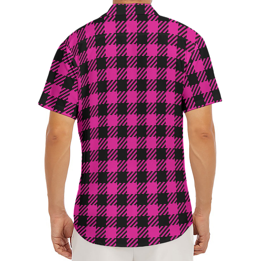 Hot Pink Buffalo Plaid Print Men's Deep V-Neck Shirt
