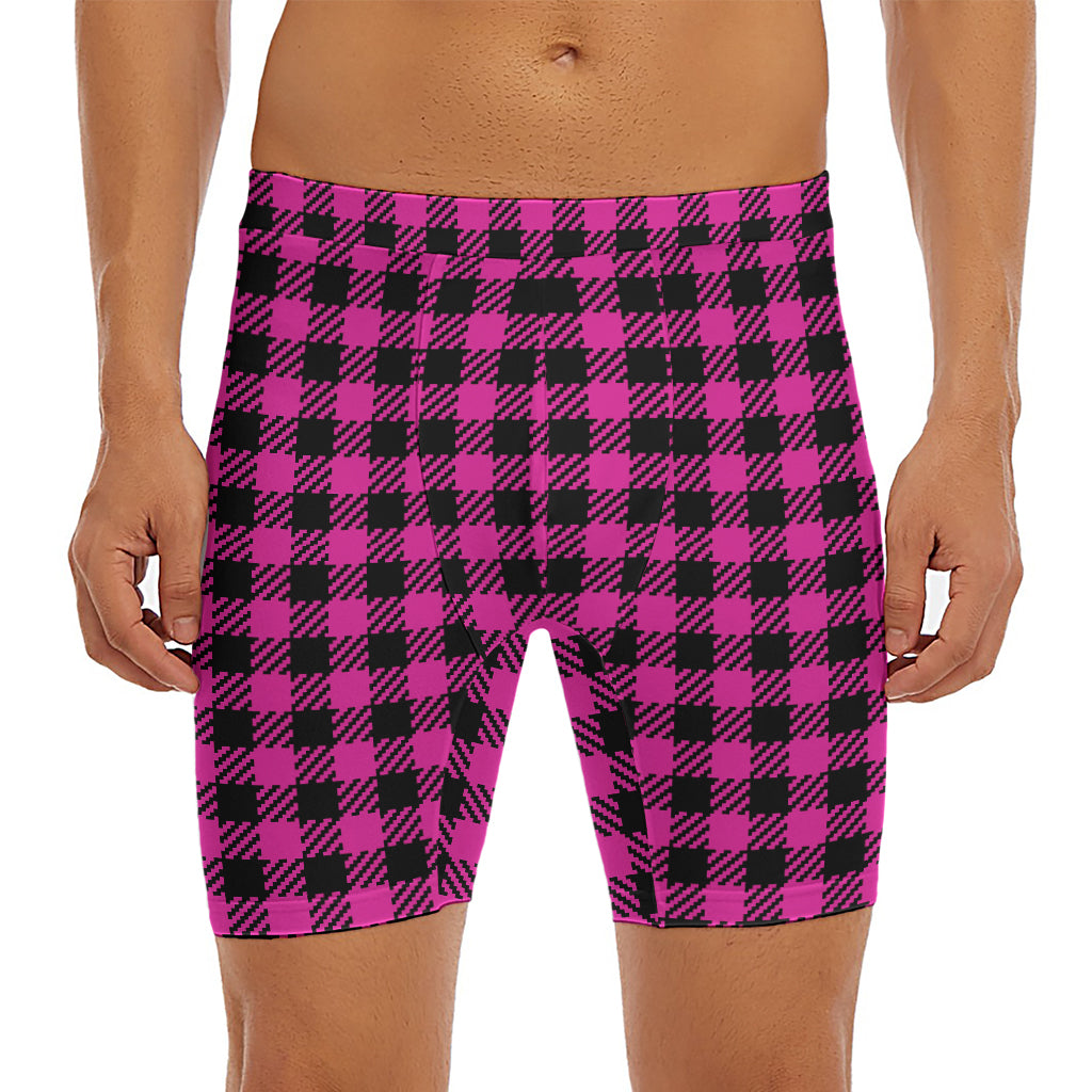 Hot Pink Buffalo Plaid Print Men's Long Boxer Briefs
