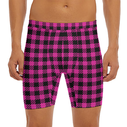 Hot Pink Buffalo Plaid Print Men's Long Boxer Briefs